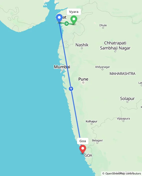 Route map showing distance and travel time from Vyara, India to Goa, India