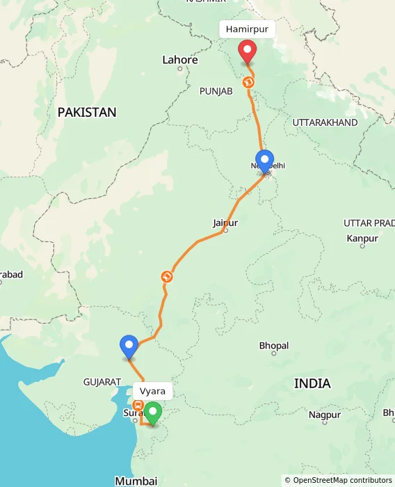 Route map showing distance and travel time from Vyara, India to Hamirpur, India