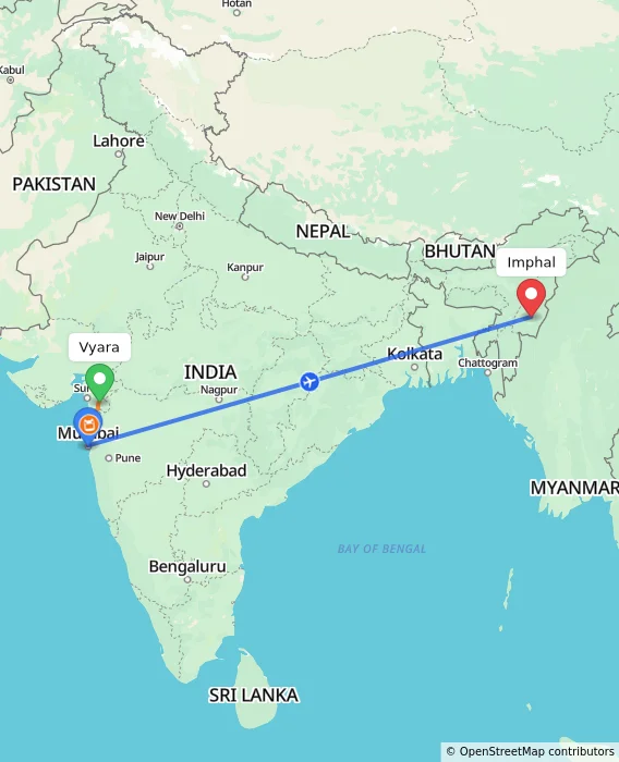Route map showing distance and travel time from Vyara, India to Imphal, India