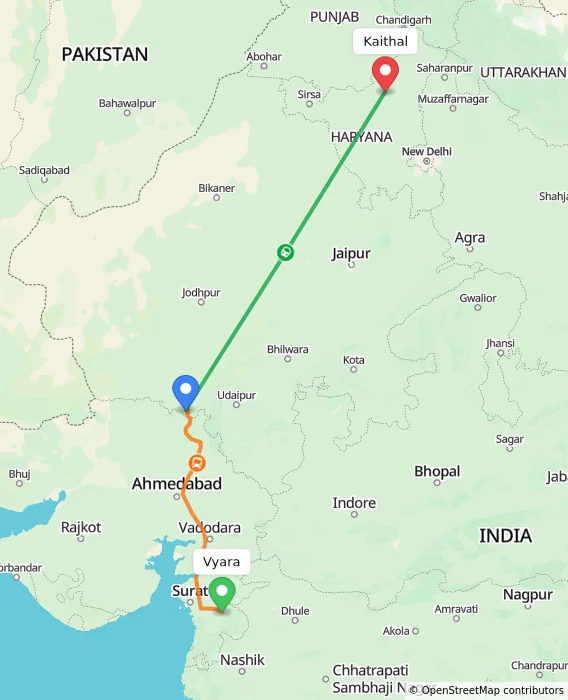 Route map showing distance and travel time from Vyara, India to Kaithal, India
