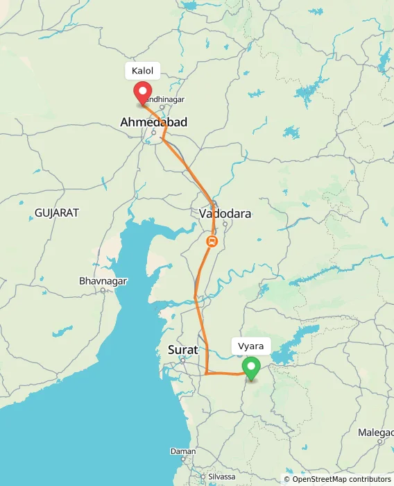 Route map showing distance and travel time from Vyara, India to Kalol, India