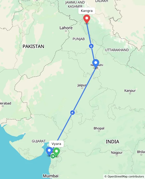 Route map showing distance and travel time from Vyara, India to Kangra, India