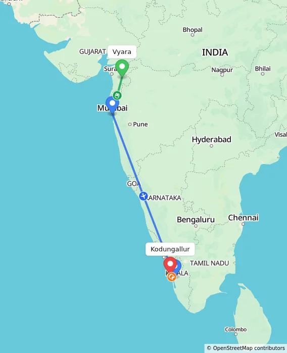 Route map showing distance and travel time from Vyara, India to Kodungallur, India