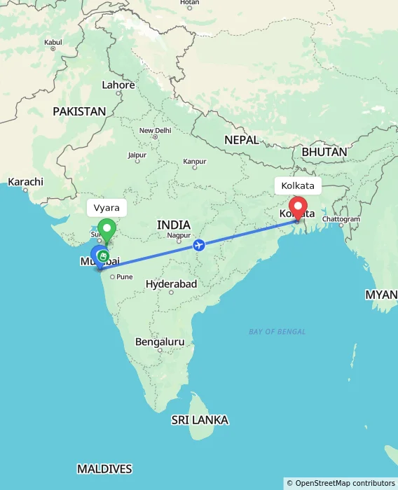 Route map showing distance and travel time from Vyara, India to Kolkata, India