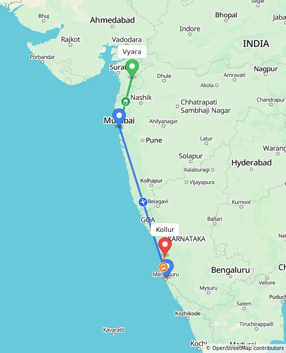 Route map showing distance and travel time from Vyara, India to Kollur, India