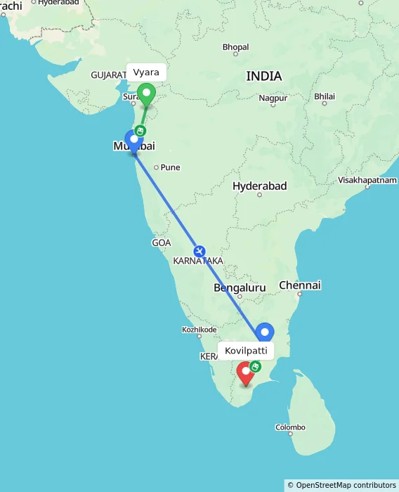 Route map showing distance and travel time from Vyara, India to Kovilpatti, India