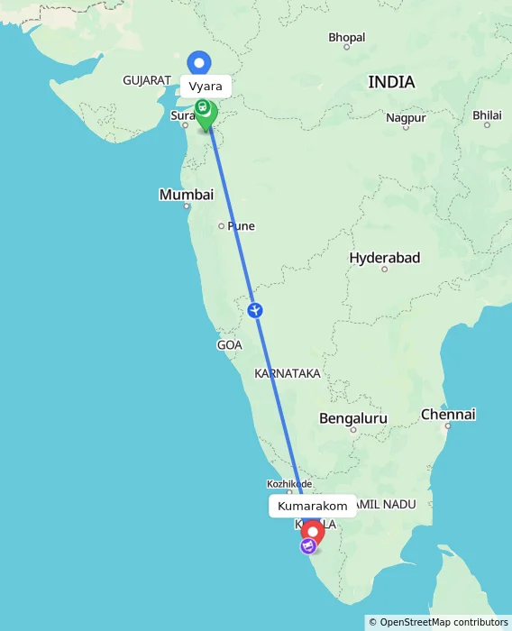 Route map showing distance and travel time from Vyara, India to Kumarakom, India