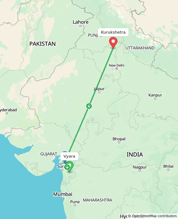 Route map showing distance and travel time from Vyara, India to Kurukshetra, India