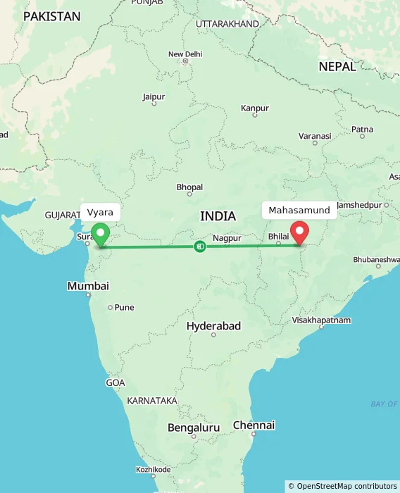 Route map showing distance and travel time from Vyara, India to Mahasamund, India