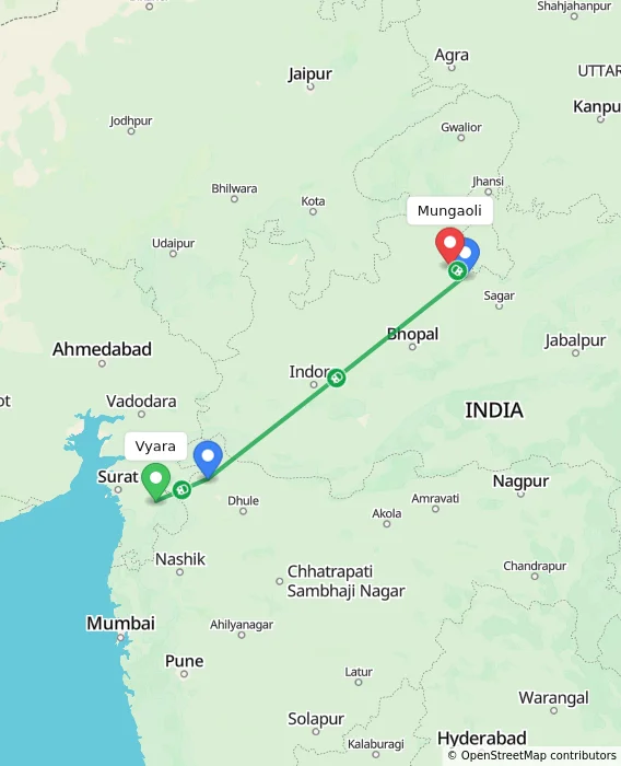 Route map showing distance and travel time from Vyara, India to Mungaoli, India