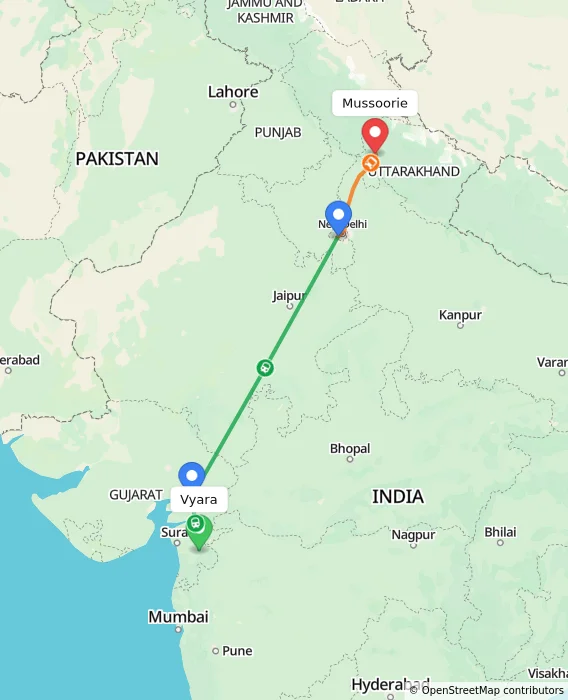 Route map showing distance and travel time from Vyara, India to Mussoorie, India