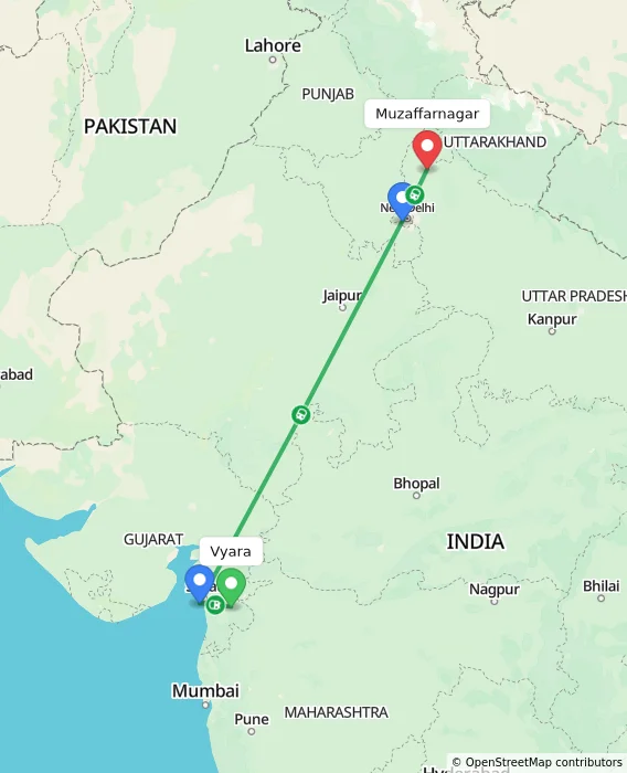 Route map showing distance and travel time from Vyara, India to Muzaffarnagar, India