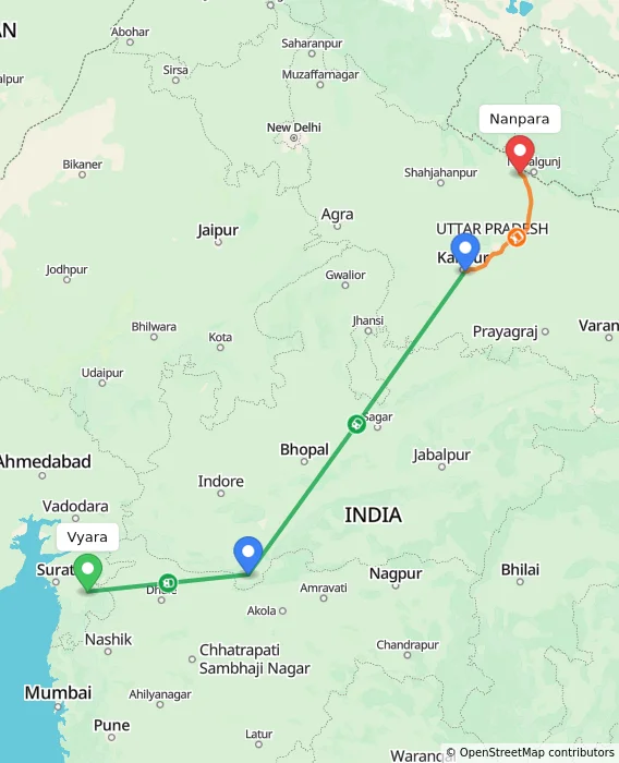 Route map showing distance and travel time from Vyara, India to Nanpara, India