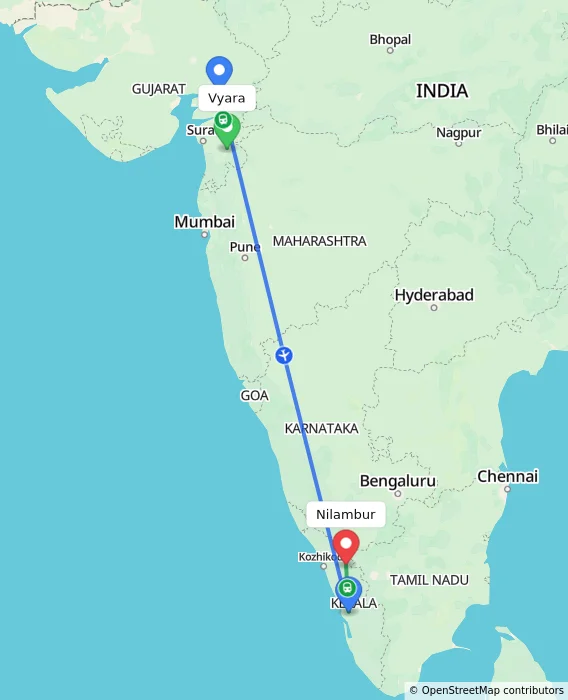 Route map showing distance and travel time from Vyara, India to Nilambur, India