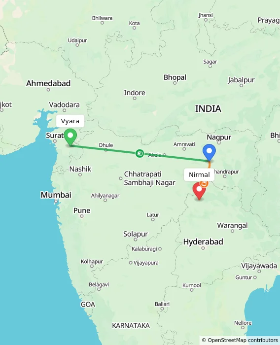 Route map showing distance and travel time from Vyara, India to Nirmal, India
