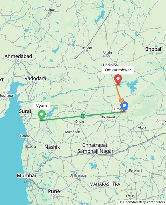 Route map showing distance and travel time from Vyara, India to Omkareshwar, India