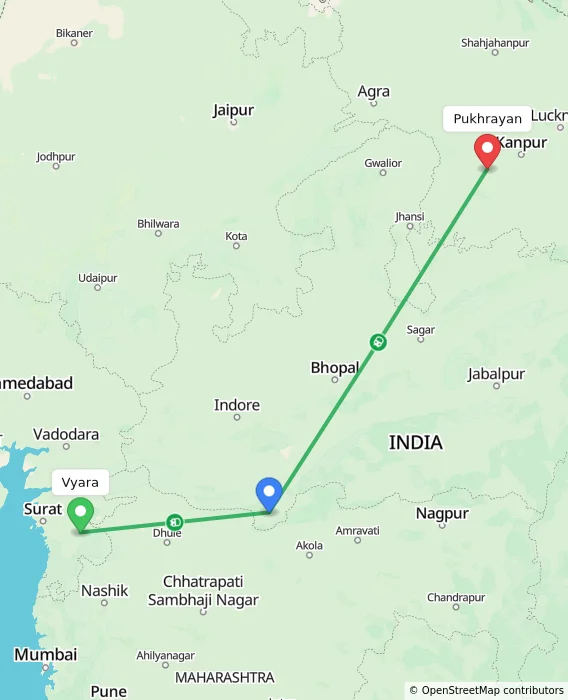 Route map showing distance and travel time from Vyara, India to Pukhrayan, India