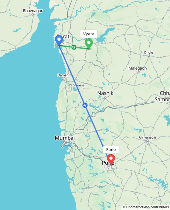 Route map showing distance and travel time from Vyara, India to Pune, India