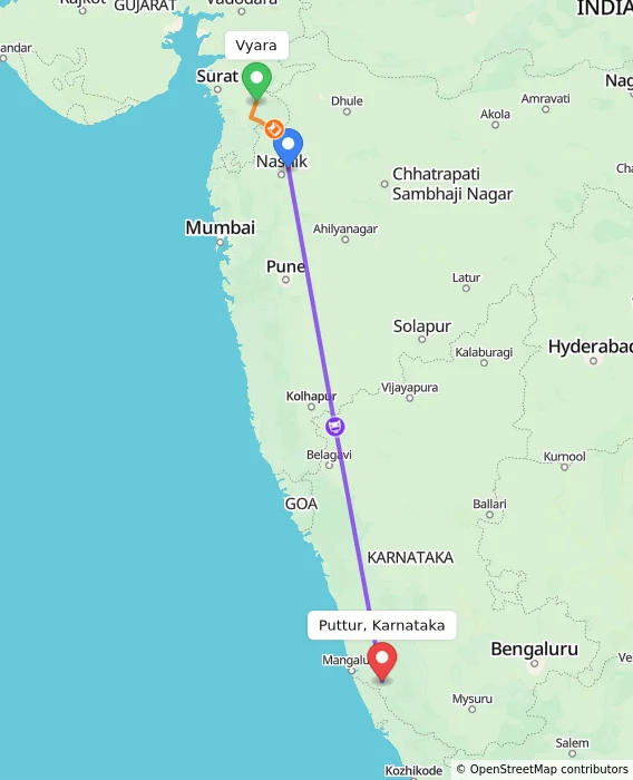 Route map showing distance and travel time from Vyara, India to Puttur, Karnataka, India