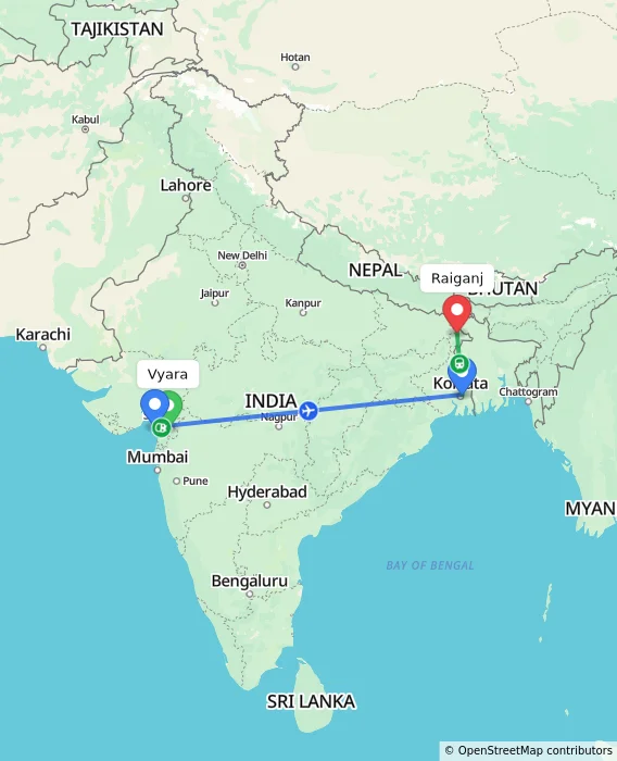Route map showing distance and travel time from Vyara, India to Raiganj, India