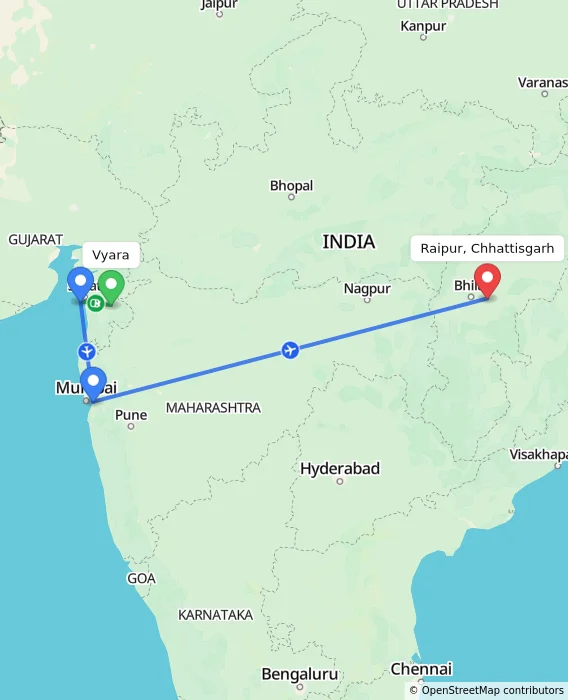 Route map showing distance and travel time from Vyara, India to Raipur, Chhattisgarh, India