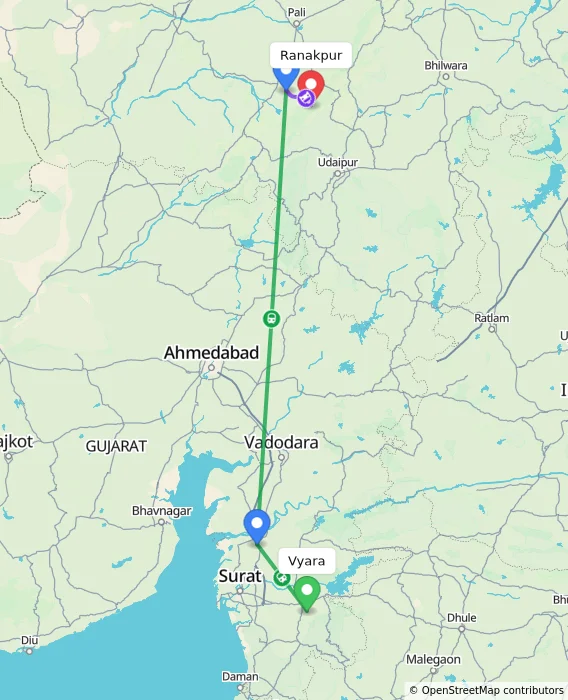 Route map showing distance and travel time from Vyara, India to Ranakpur, India
