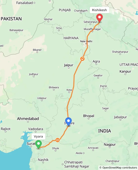 Route map showing distance and travel time from Vyara, India to Rishikesh, India