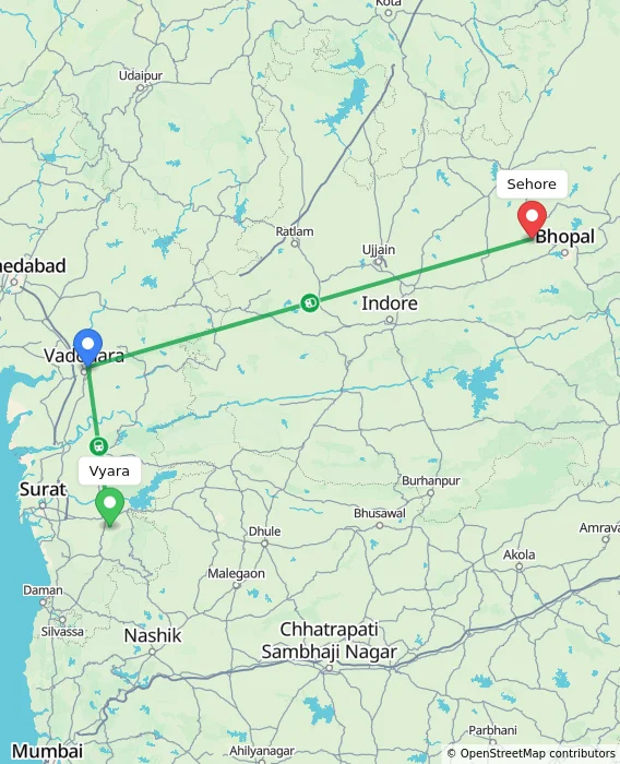 Route map showing distance and travel time from Vyara, India to Sehore, India