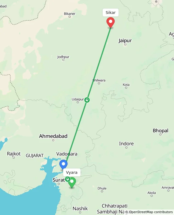 Route map showing distance and travel time from Vyara, India to Sikar, India