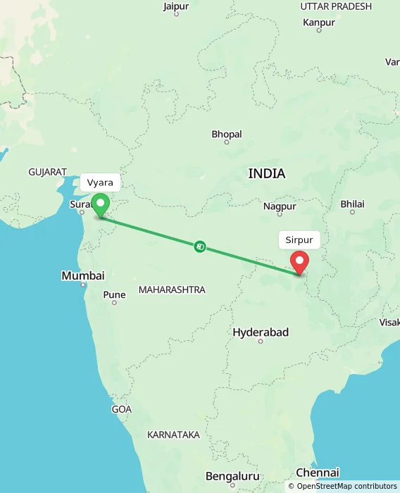Route map showing distance and travel time from Vyara, India to Sirpur, India