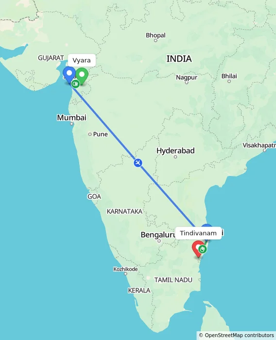 Route map showing distance and travel time from Vyara, India to Tindivanam, India