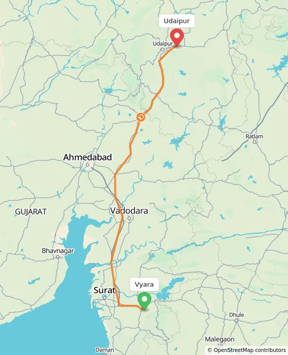 Route map showing distance and travel time from Vyara, India to Udaipur, India