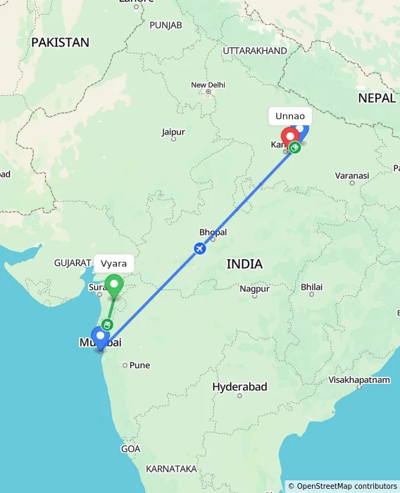 Route map showing distance and travel time from Vyara, India to Unnao, India