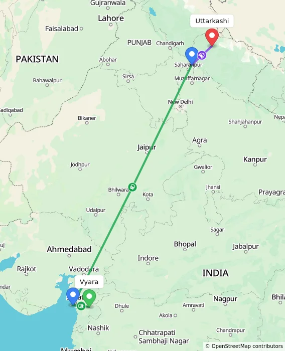 Route map showing distance and travel time from Vyara, India to Uttarkashi, India