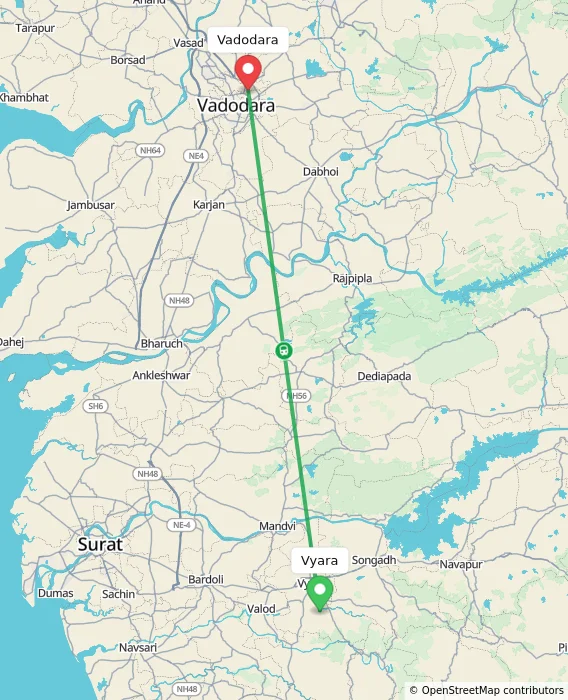 Route map showing distance and travel time from Vyara, India to Vadodara, India