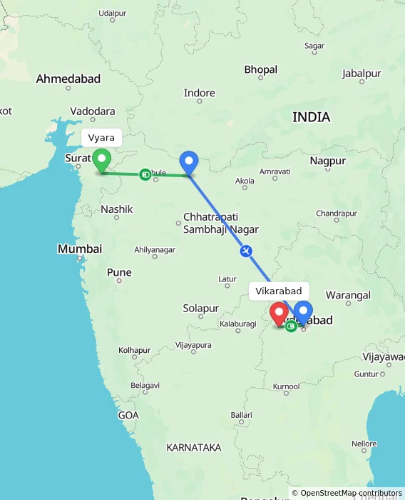 Route map showing distance and travel time from Vyara, India to Vikarabad, India