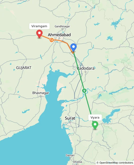 Route map showing distance and travel time from Vyara, India to Viramgam, India