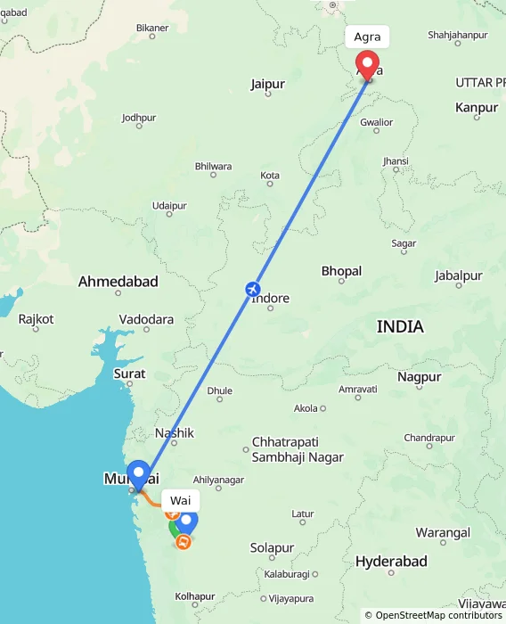 Route map showing distance and travel time from Wai, India to Agra, India