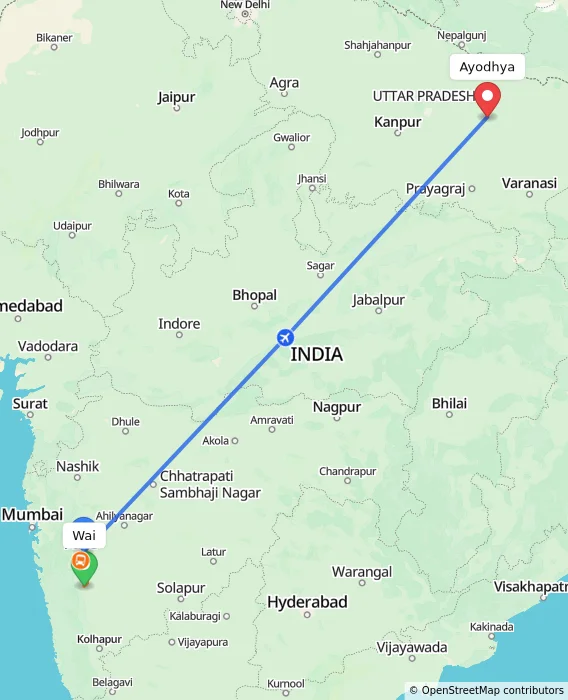 Route map showing distance and travel time from Wai, India to Ayodhya, India