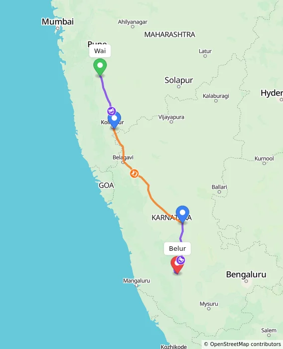 Route map showing distance and travel time from Wai, India to Belur, India