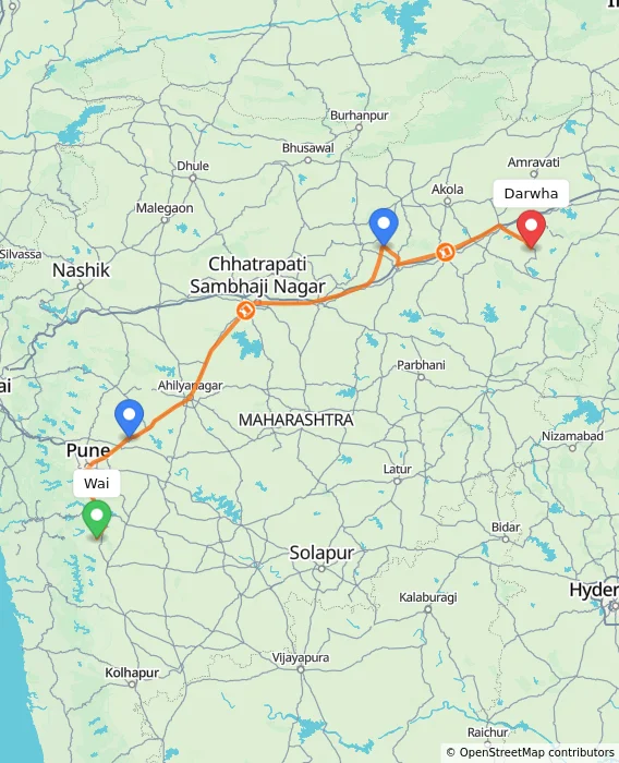 Route map showing distance and travel time from Wai, India to Darwha, India