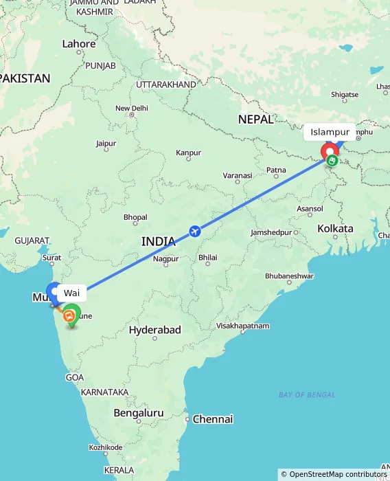 Route map showing distance and travel time from Wai, India to Islampur, India