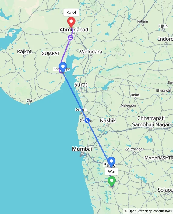 Route map showing distance and travel time from Wai, India to Kalol, India