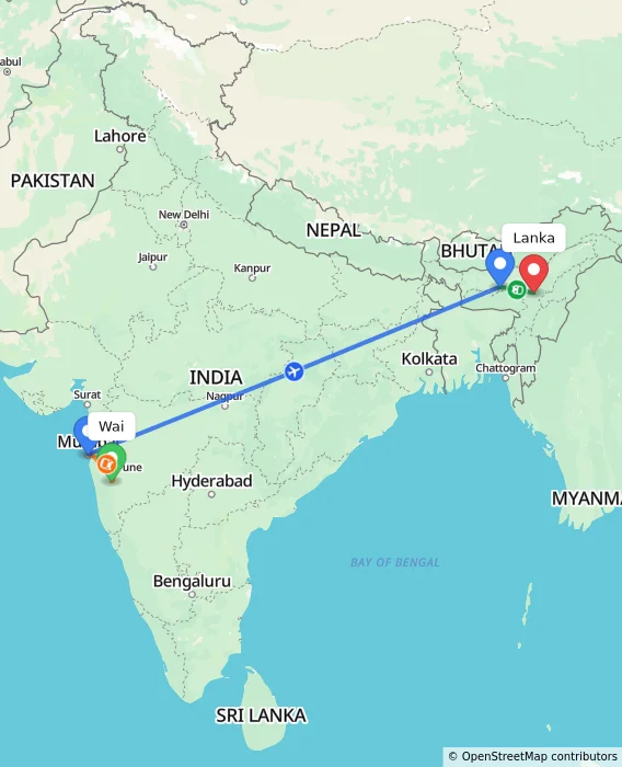 Route map showing distance and travel time from Wai, India to Lanka, India