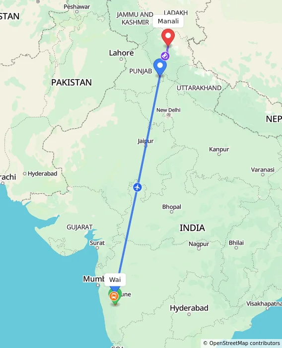 Route map showing distance and travel time from Wai, India to Manali, India