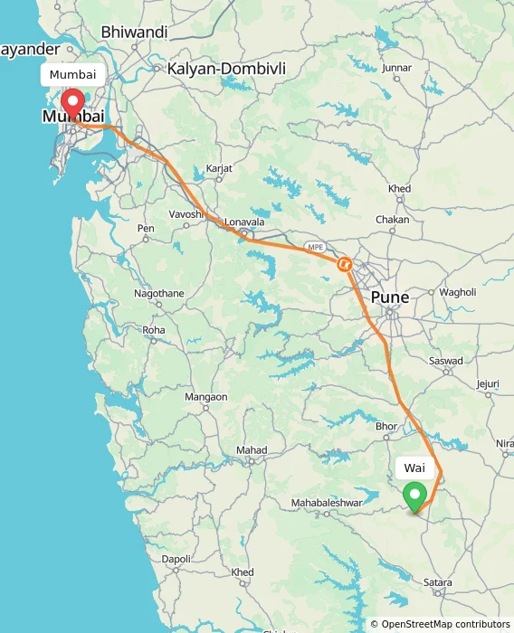 Route map showing distance and travel time from Wai, India to Mumbai, India