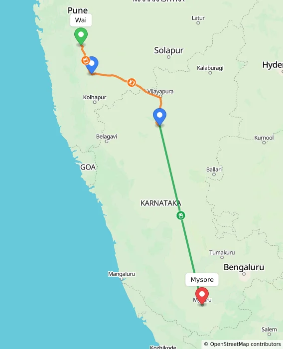 Route map showing distance and travel time from Wai, India to Mysore, India
