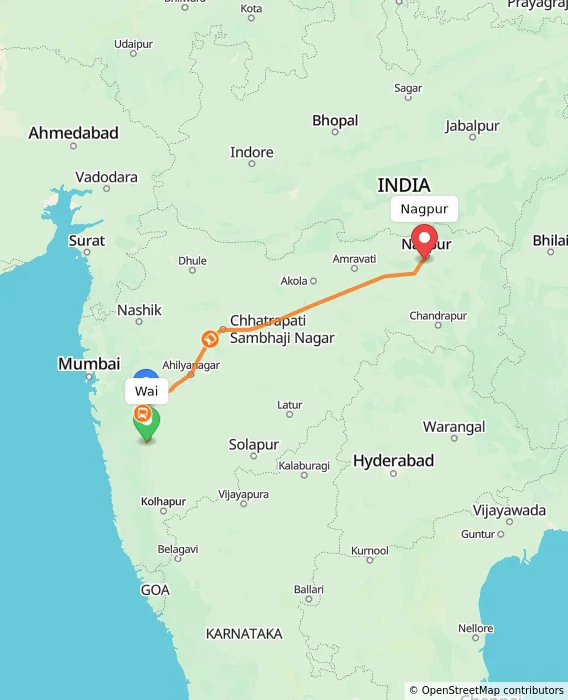 Route map showing distance and travel time from Wai, India to Nagpur, India