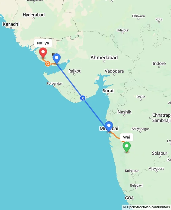 Route map showing distance and travel time from Wai, India to Naliya, India