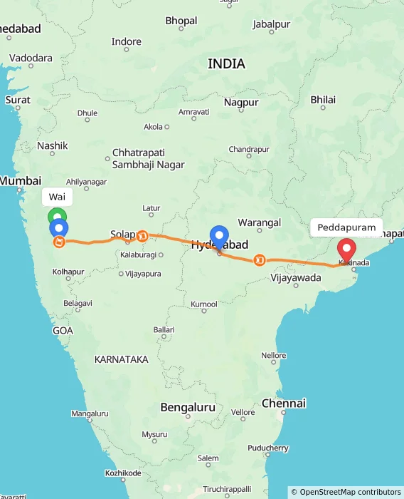 Route map showing distance and travel time from Wai, India to Peddapuram, India